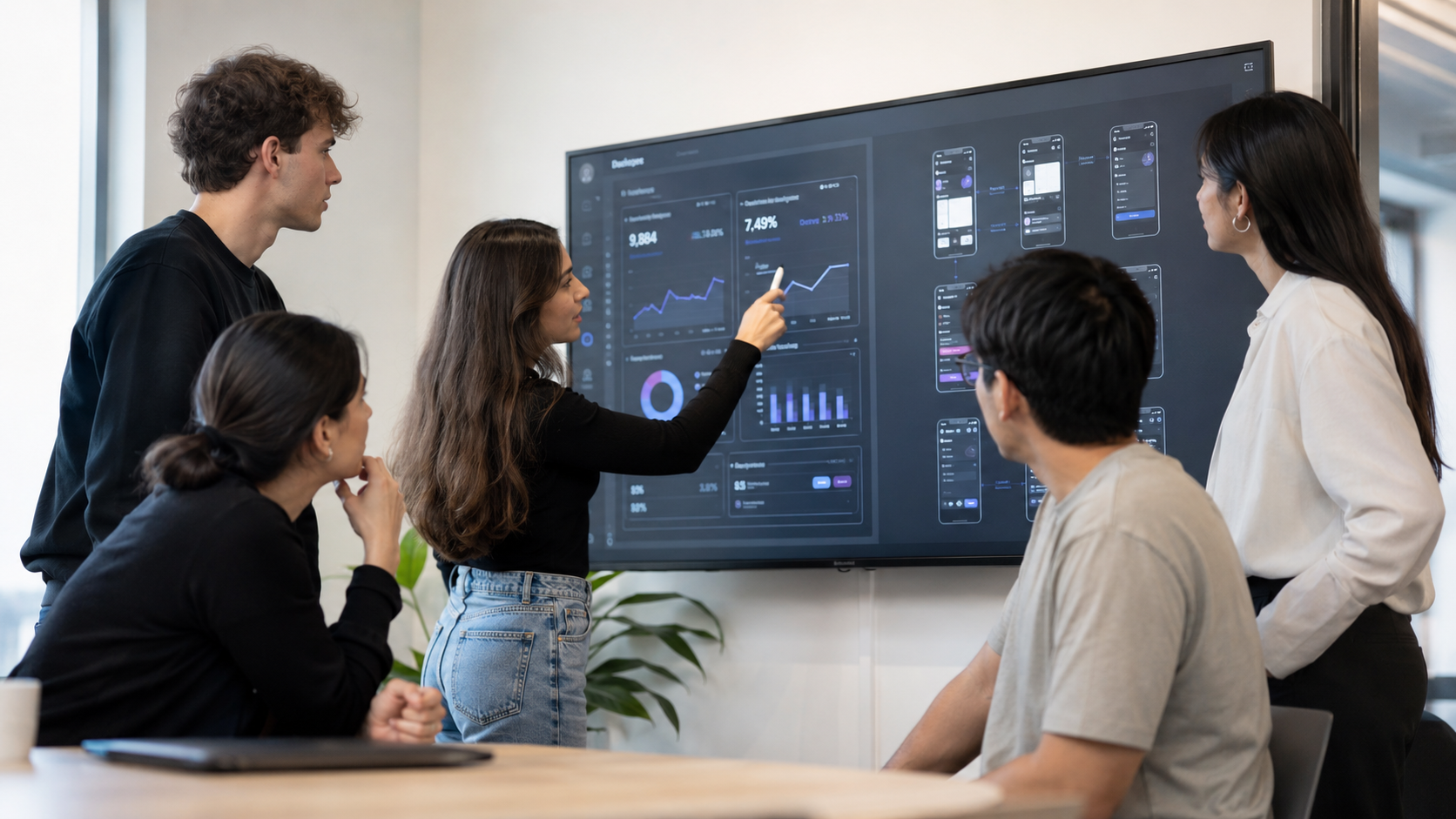Alumnos de perfiles distintos colaborando alrededor de una pantalla con un prototipo de datos.