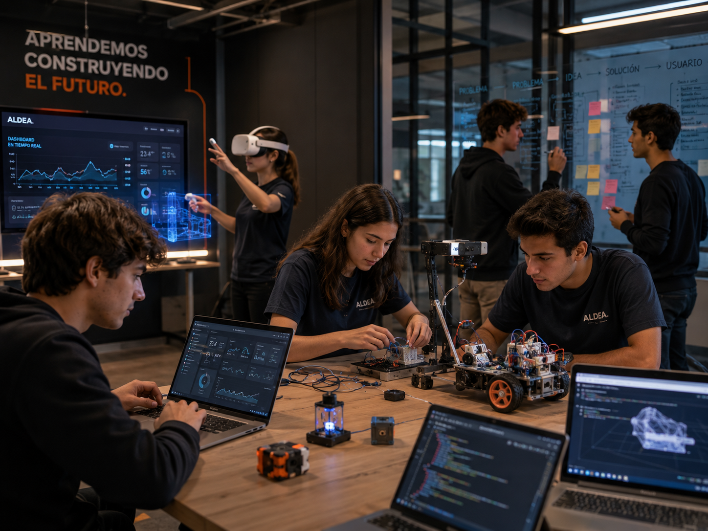 Equipo de Aldea trabajando en una mesa con materiales de distintas disciplinas: los valores en acción.